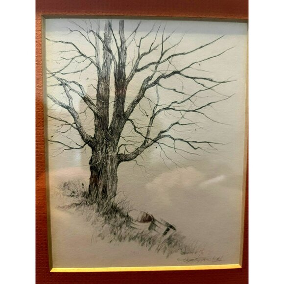 Artist Signed Original Graphite Landscape Vern Hippensteal Tree with Baskets Mat - Picture 2 of 13